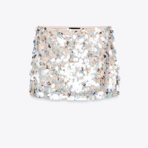 NWT Zara Sequin Mini Skirt Ecru / Blue